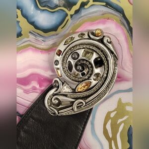 VTG Fahrenheit Pewter Embellished Buckle Black Leather Gothic Belt 40"